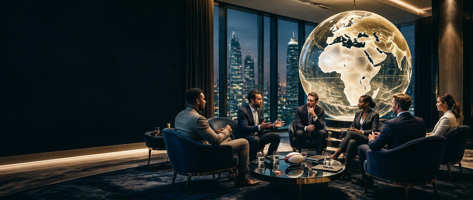 Global sports executives meeting beside an illuminated world globe